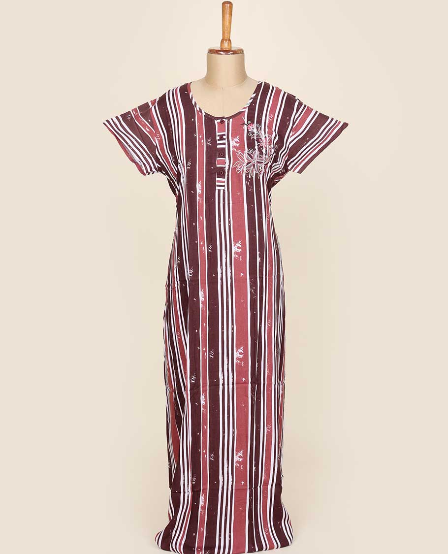 Brown striped design printed & embroidered button-style cotton half-sleeve nightie