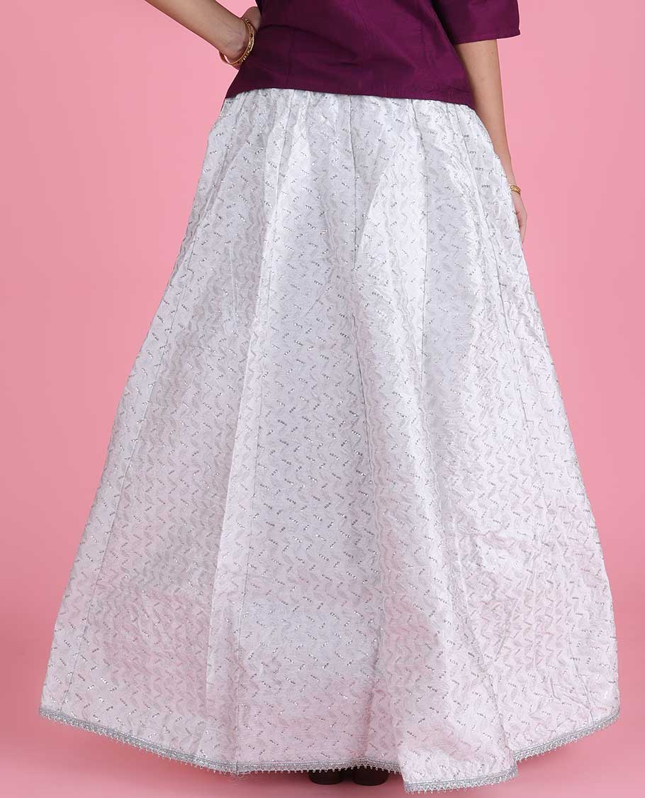 White chevron design embroidery silk cotton skirt with lace border