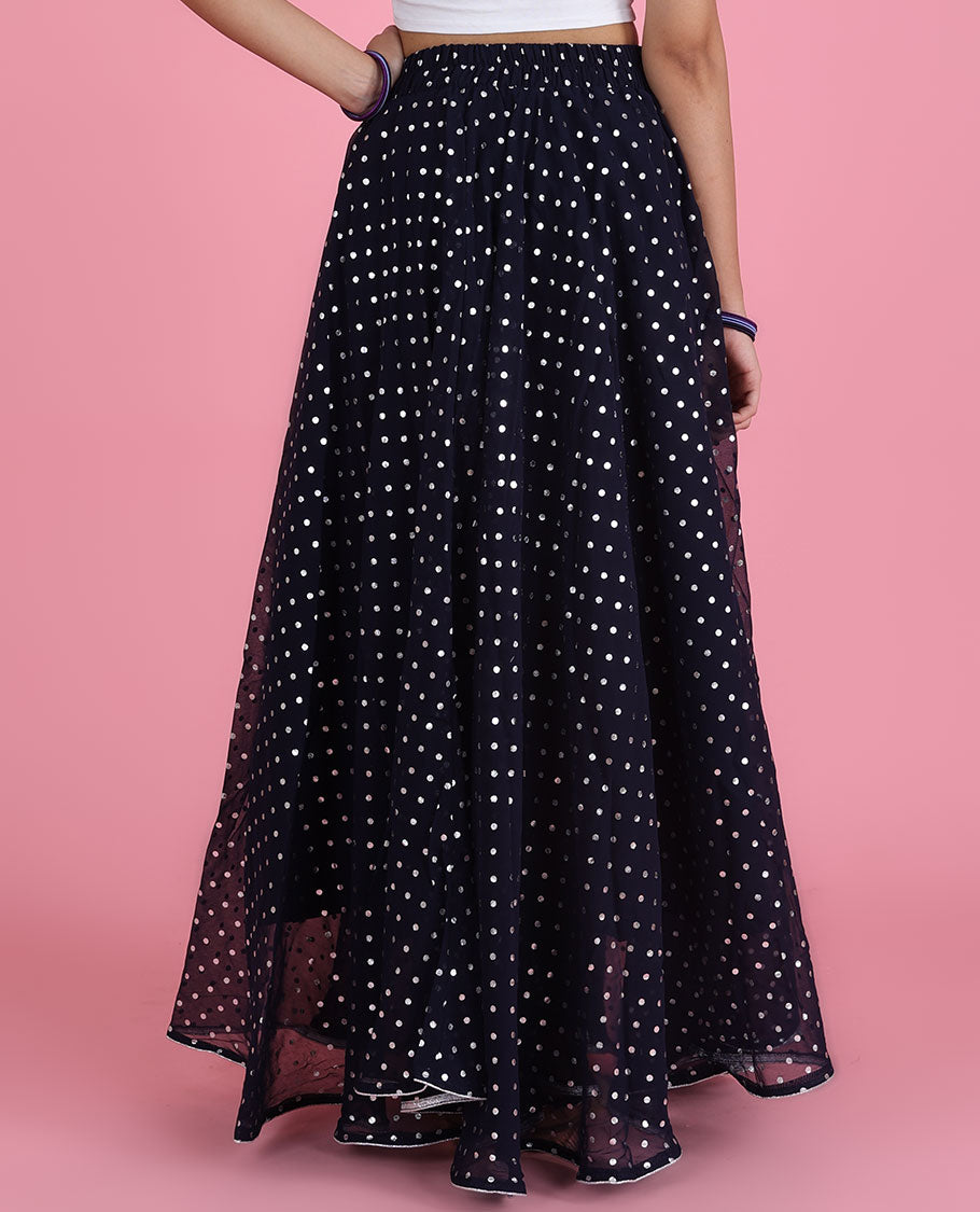 Deep blue georgette skirt features silver foil printed tiny polka dots & intricate latkan tassels
