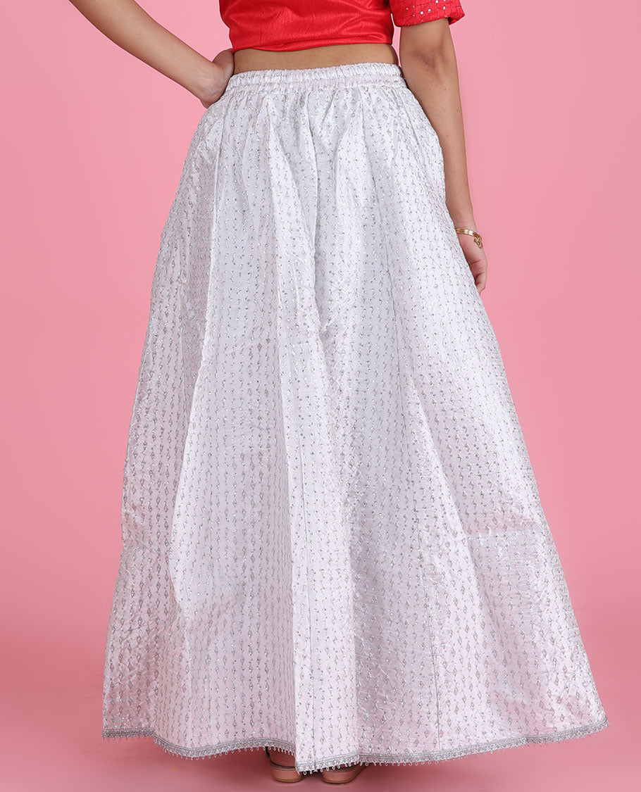 Pearl white intricate chamki embroidered silk cotton skirt with tassels