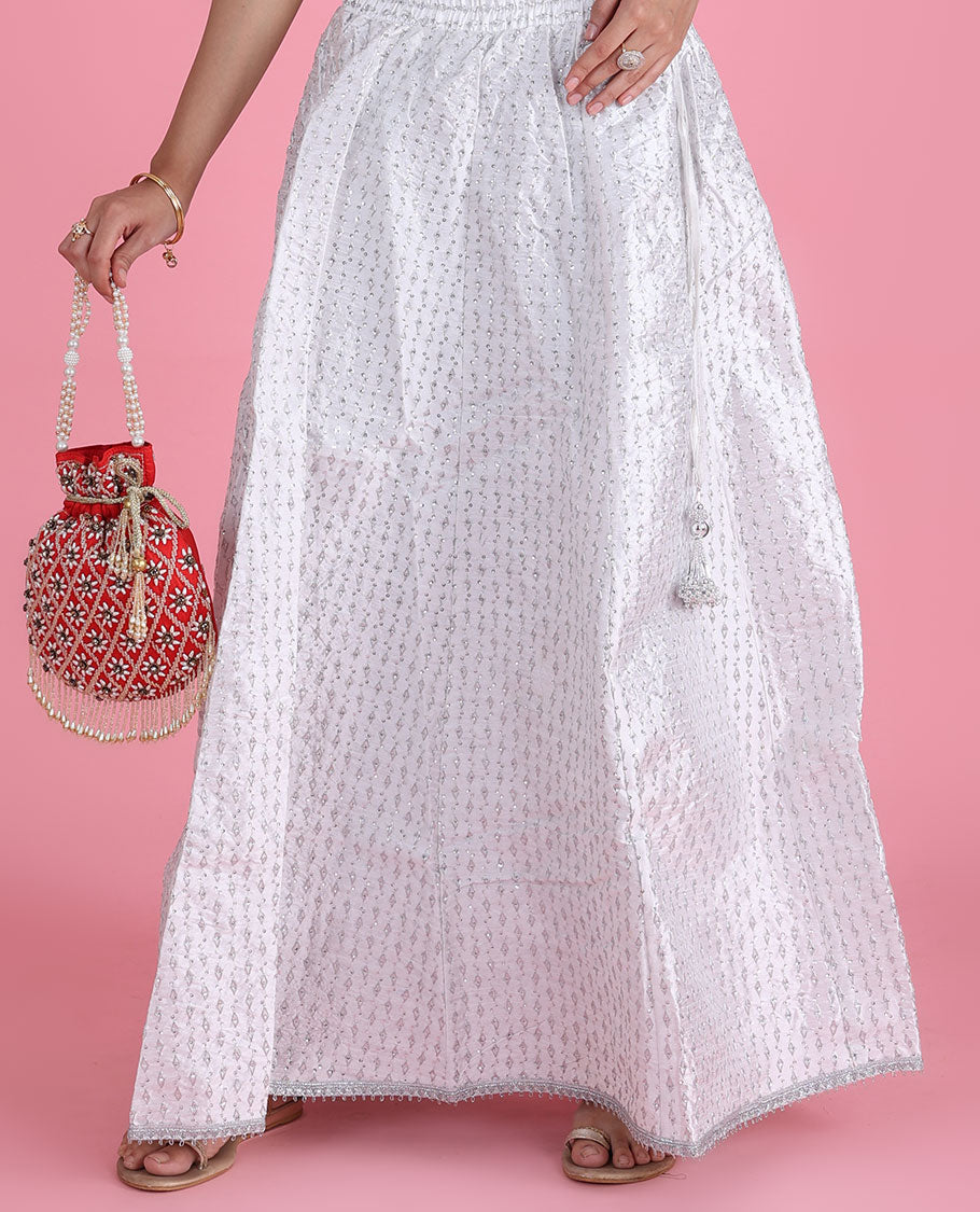 Pearl white intricate chamki embroidered silk cotton skirt with tassels