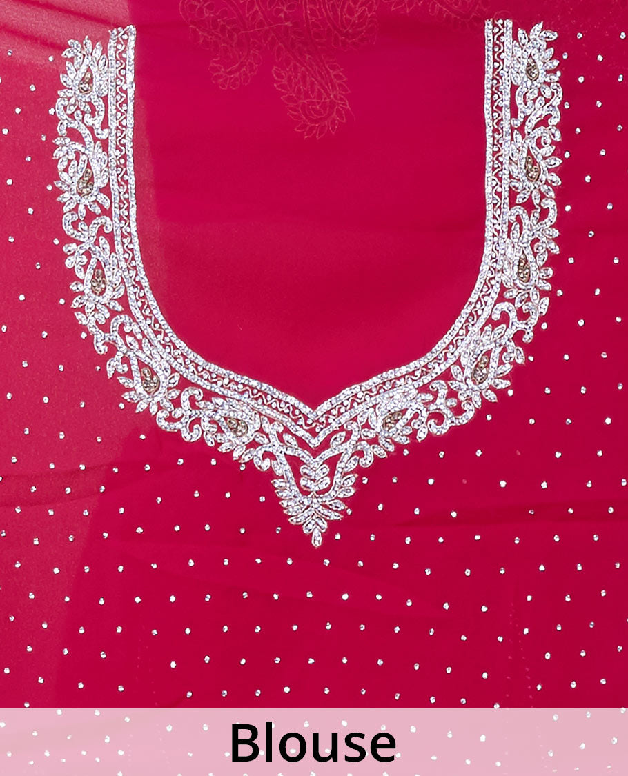 Purple embroidered georgette saree with crystal stone on its body & pallu, white & gold stone paisley border