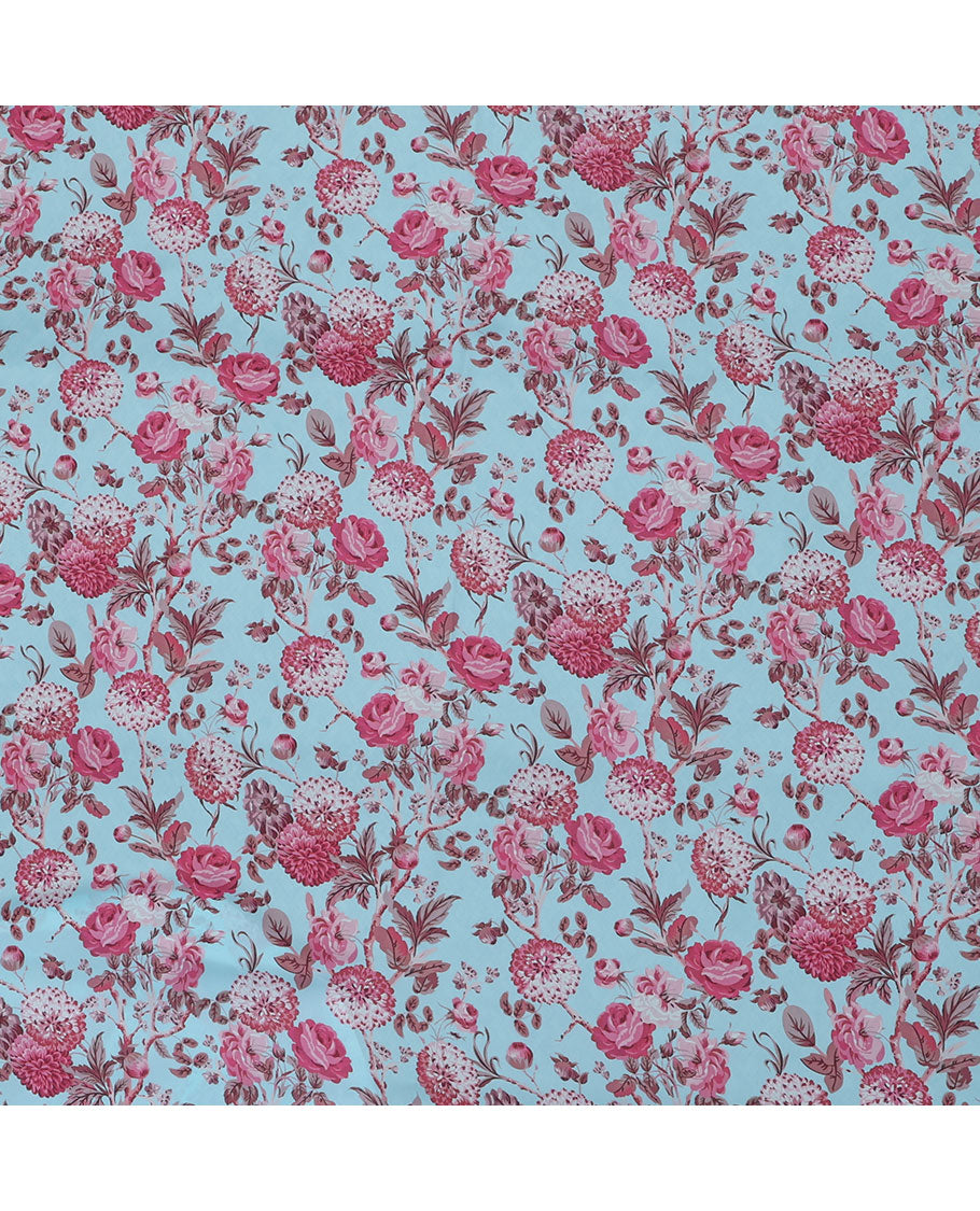 Baby blue digital printed satin multi-use material features floral motifs
