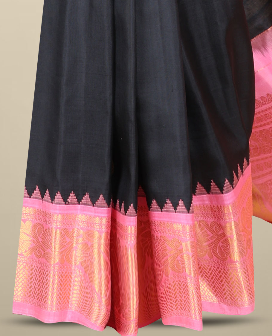 Black gadwal silk saree with round zari buttas, contrast ganga jamuna vidarbha zari border & intricately designed pallu