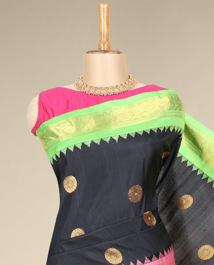 Black gadwal silk saree with round zari buttas, contrast ganga jamuna vidarbha zari border & intricately designed pallu