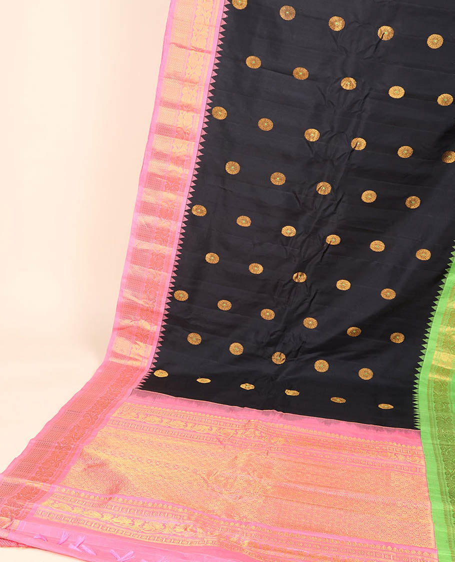 Black gadwal silk saree with round zari buttas, contrast ganga jamuna vidarbha zari border & intricately designed pallu