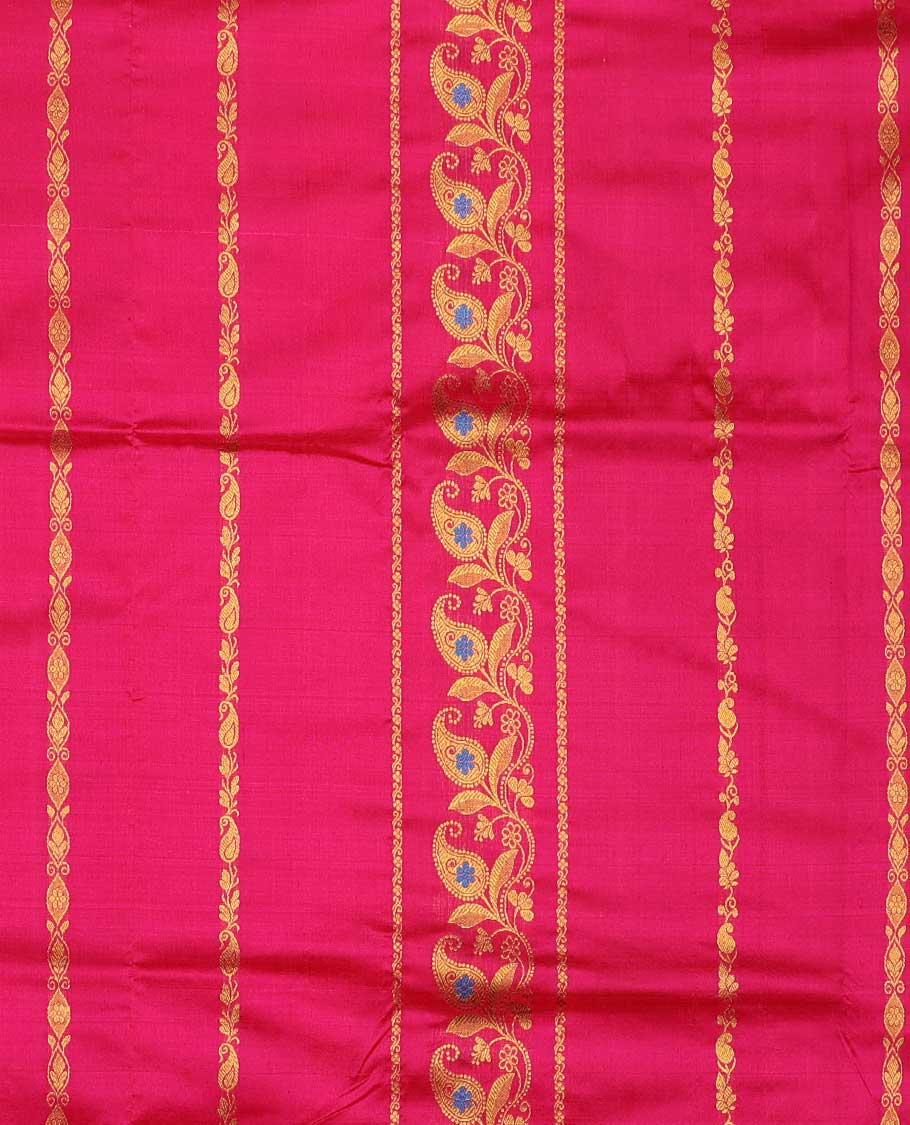 Pink navarathna pavadai with zari paisley designs, contrast border & blouse of intricate zari designs