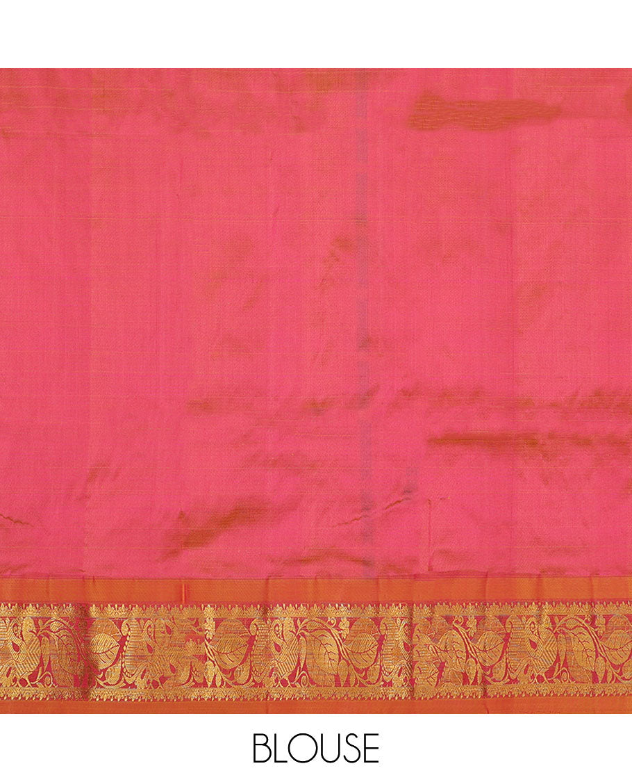 Pink navarathna pavadai with zari paisley designs, contrast border & blouse of intricate zari designs