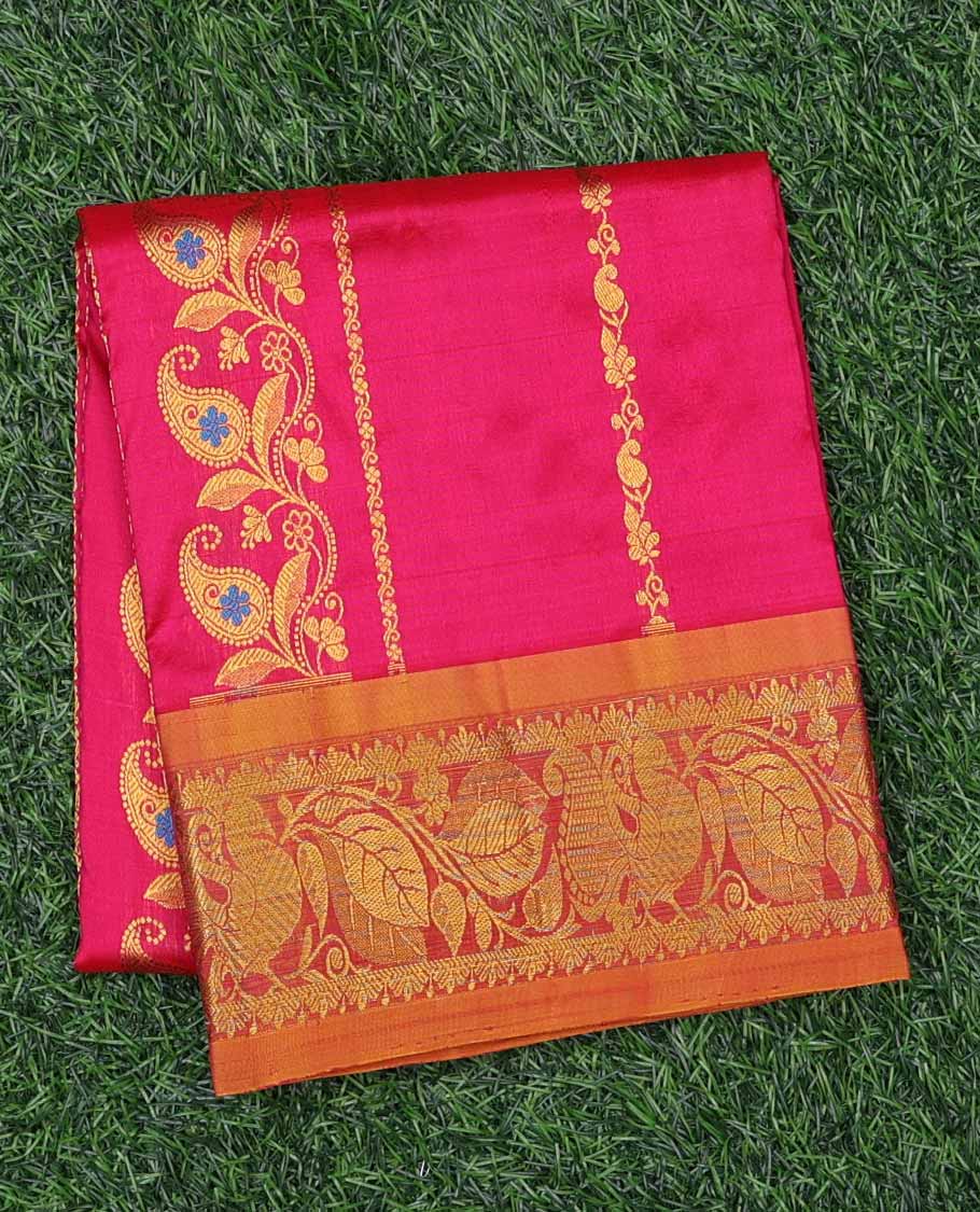 Pink navarathna pavadai with zari paisley designs, contrast border & blouse of intricate zari designs
