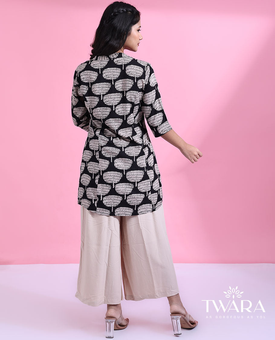 Twara black unique motifs printed 3/4th sleeve & chinese collar button-style short top
