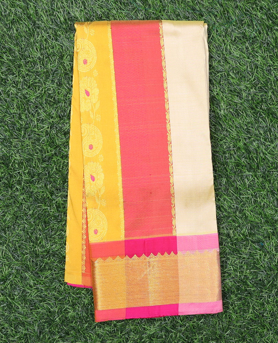 Multi-color striped navarathna pavadai with zari designs, zari border & contrast blouse of traditional designs