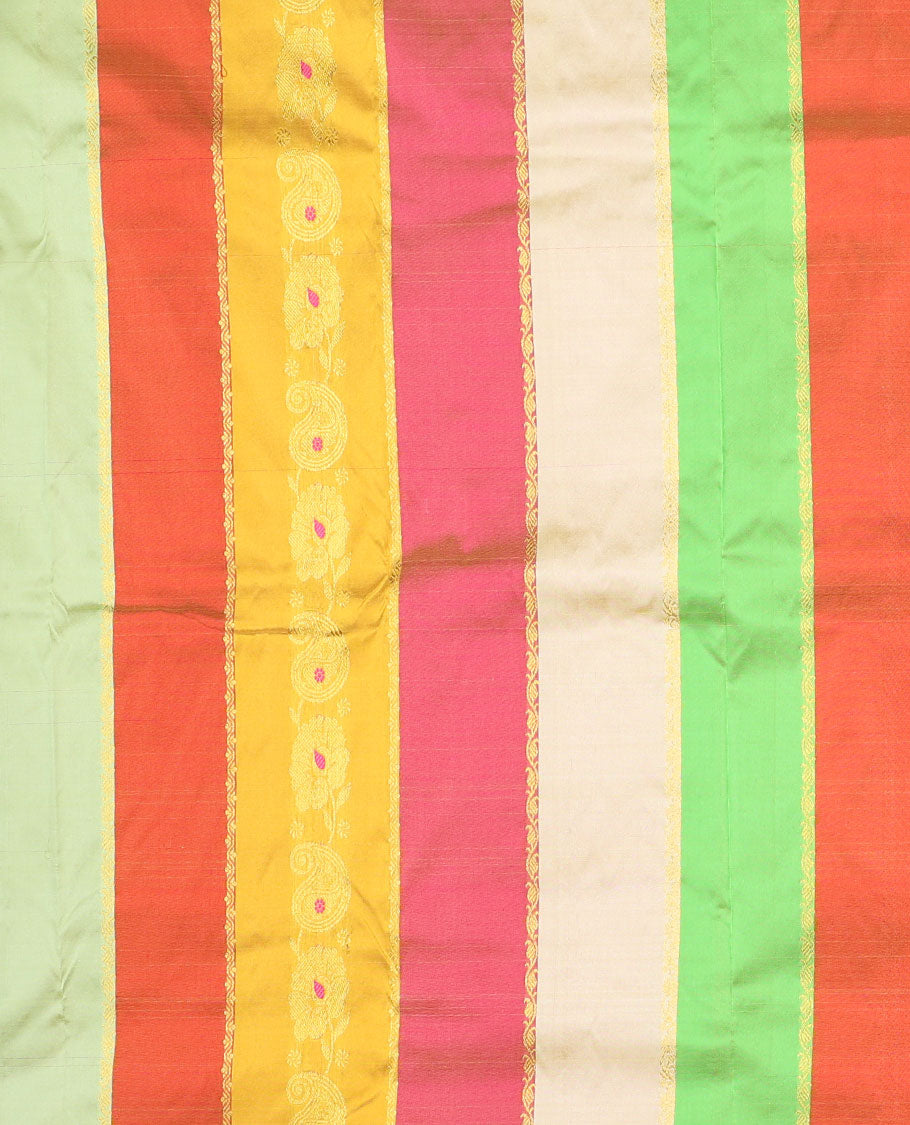 Multi-color striped navarathna pavadai with zari designs, zari border & contrast blouse of traditional designs