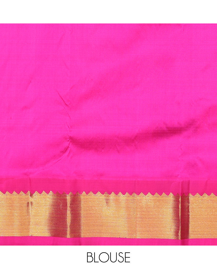 Multi-color striped navarathna pavadai with zari designs, zari border & contrast blouse of traditional designs