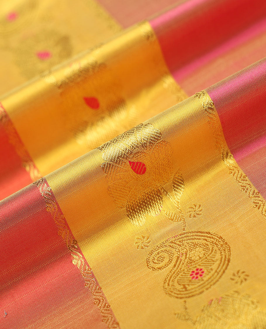 Multi-color striped navarathna pavadai with zari designs, zari border & contrast blouse of traditional designs