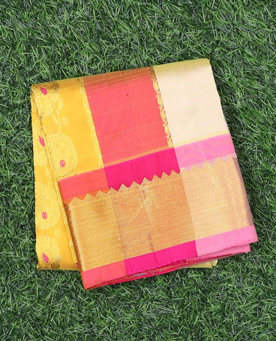 Multi-color striped navarathna pavadai with zari designs, zari border & contrast blouse of traditional designs