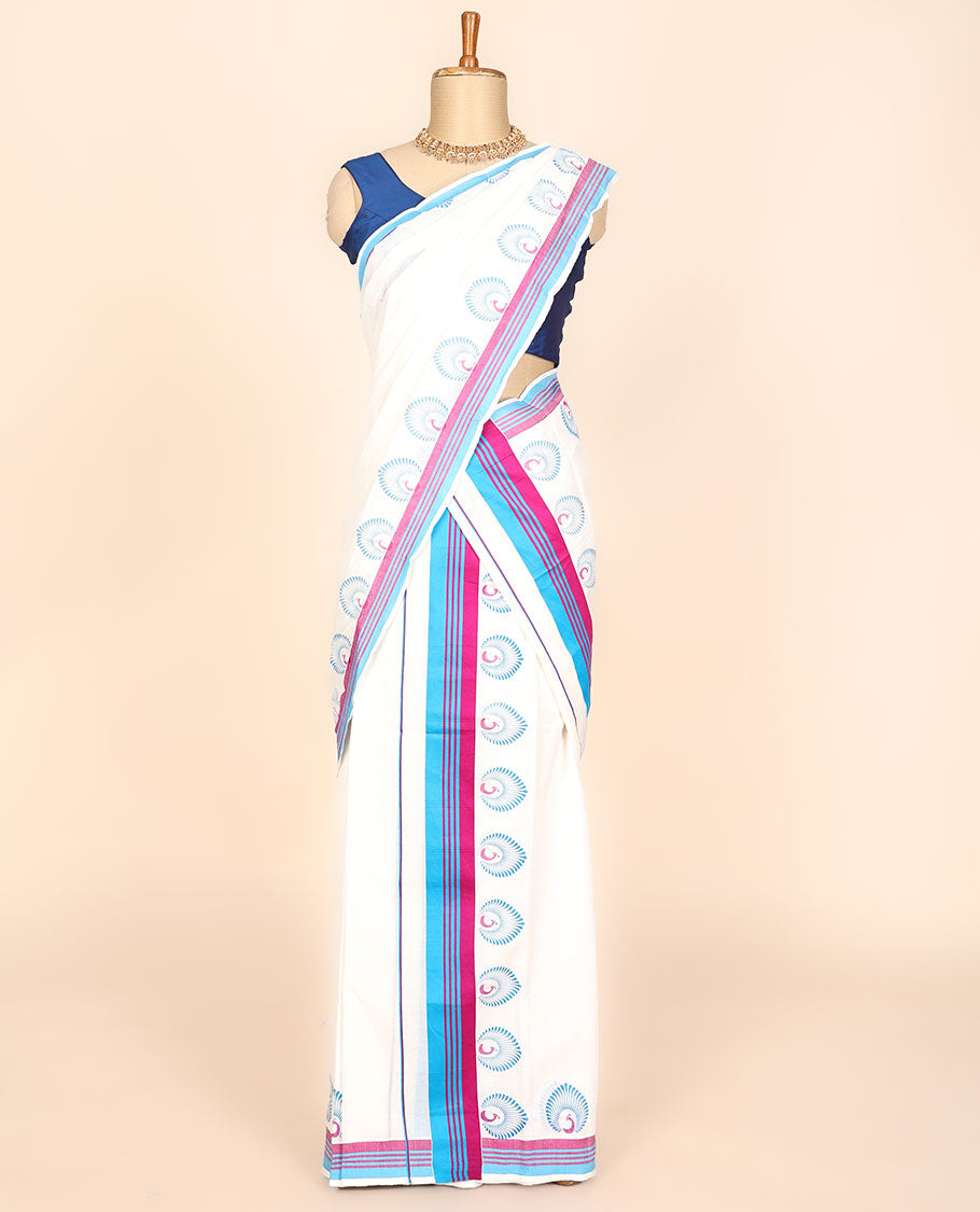 Cream-printed kerala mundu set with peacock designs, contrast striped border