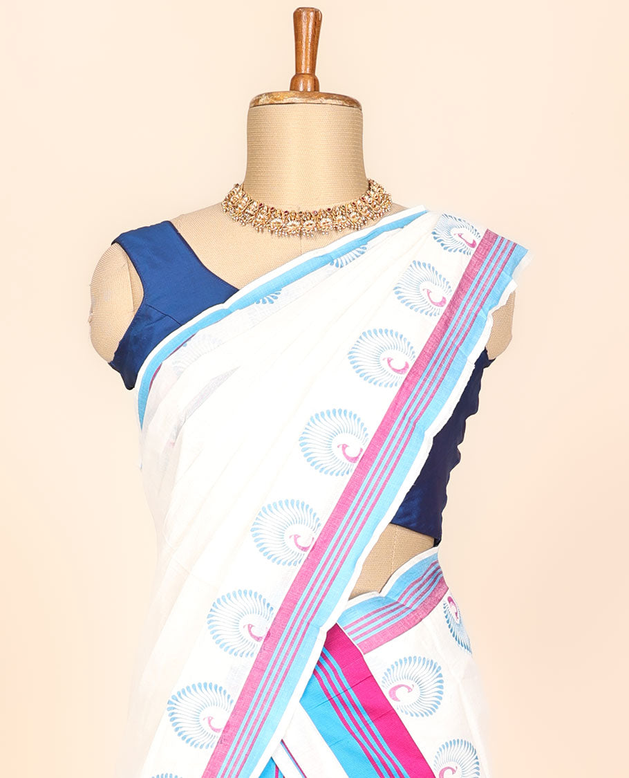 Cream-printed kerala mundu set with peacock designs, contrast striped border