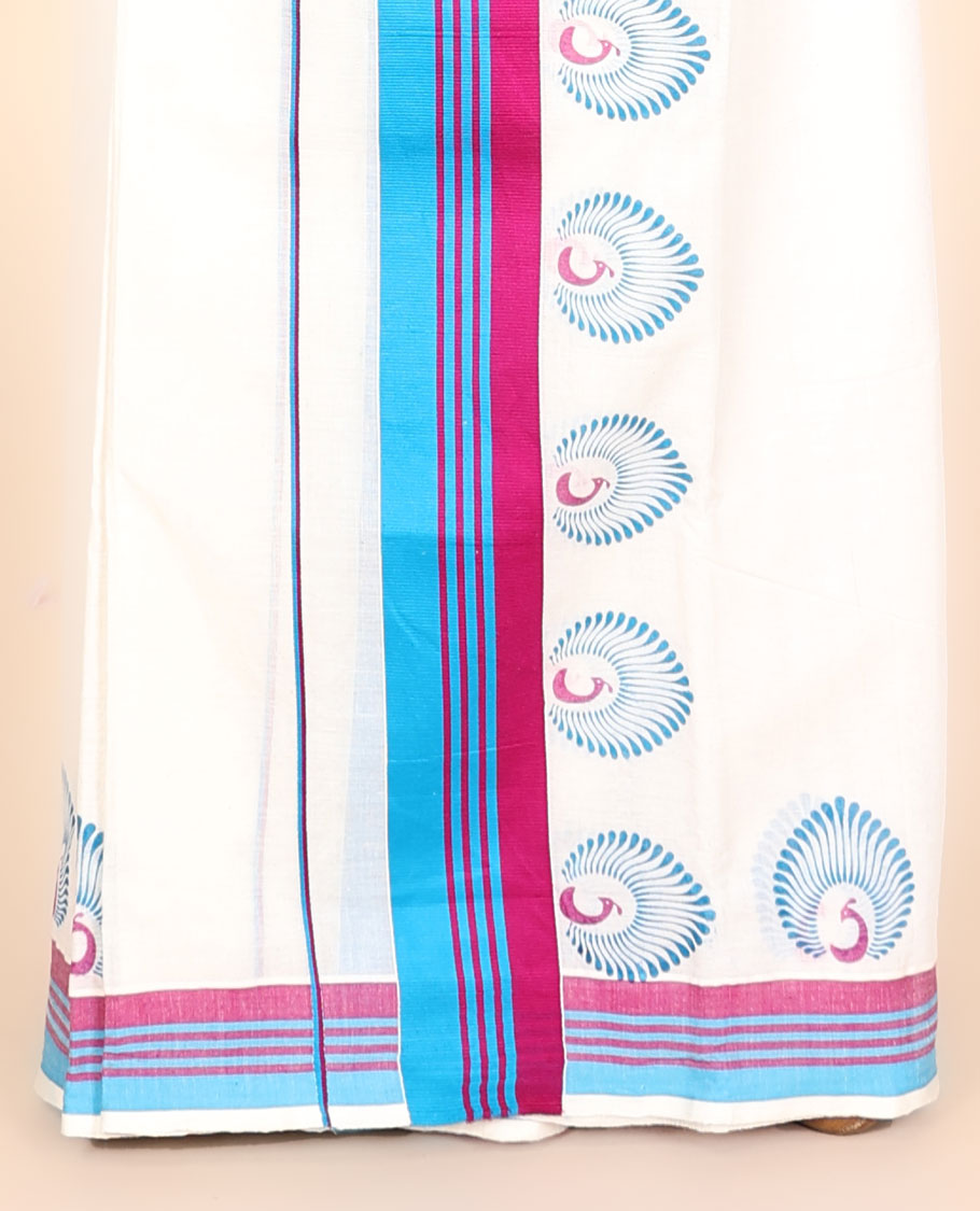 Cream-printed kerala mundu set with peacock designs, contrast striped border
