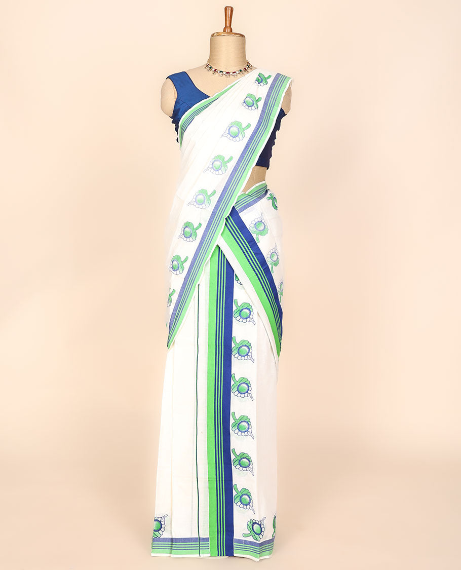 Buttercream printed kerala mundu set with leaf designs, contrast striped border