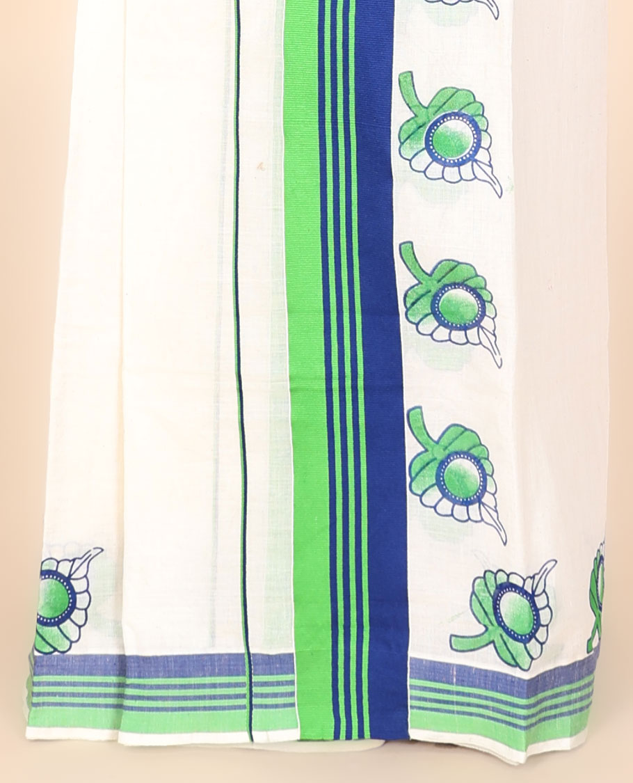 Buttercream printed kerala mundu set with leaf designs, contrast striped border