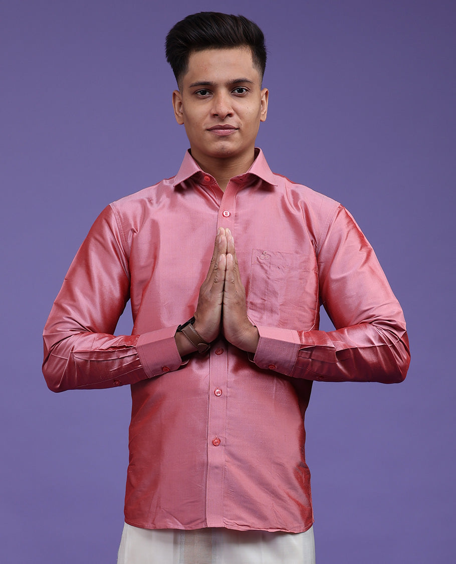 Pink plain design full-sleeve pure-silk shirt