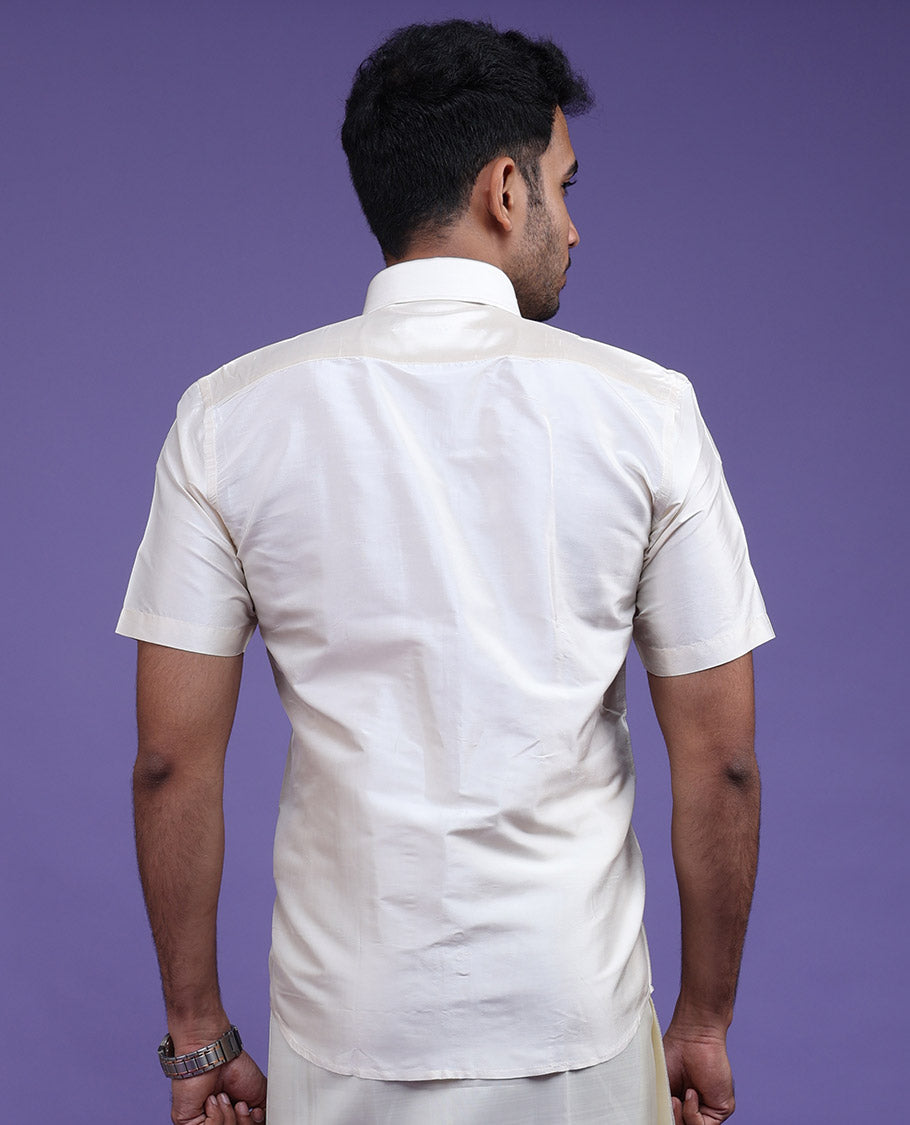Cream plain design half-sleeve pure-silk shirt