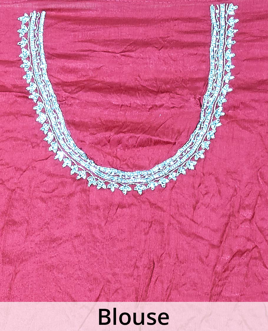 Wine red bridal saree features crystal stone embroidered ogee pattern all over its body, stone work border