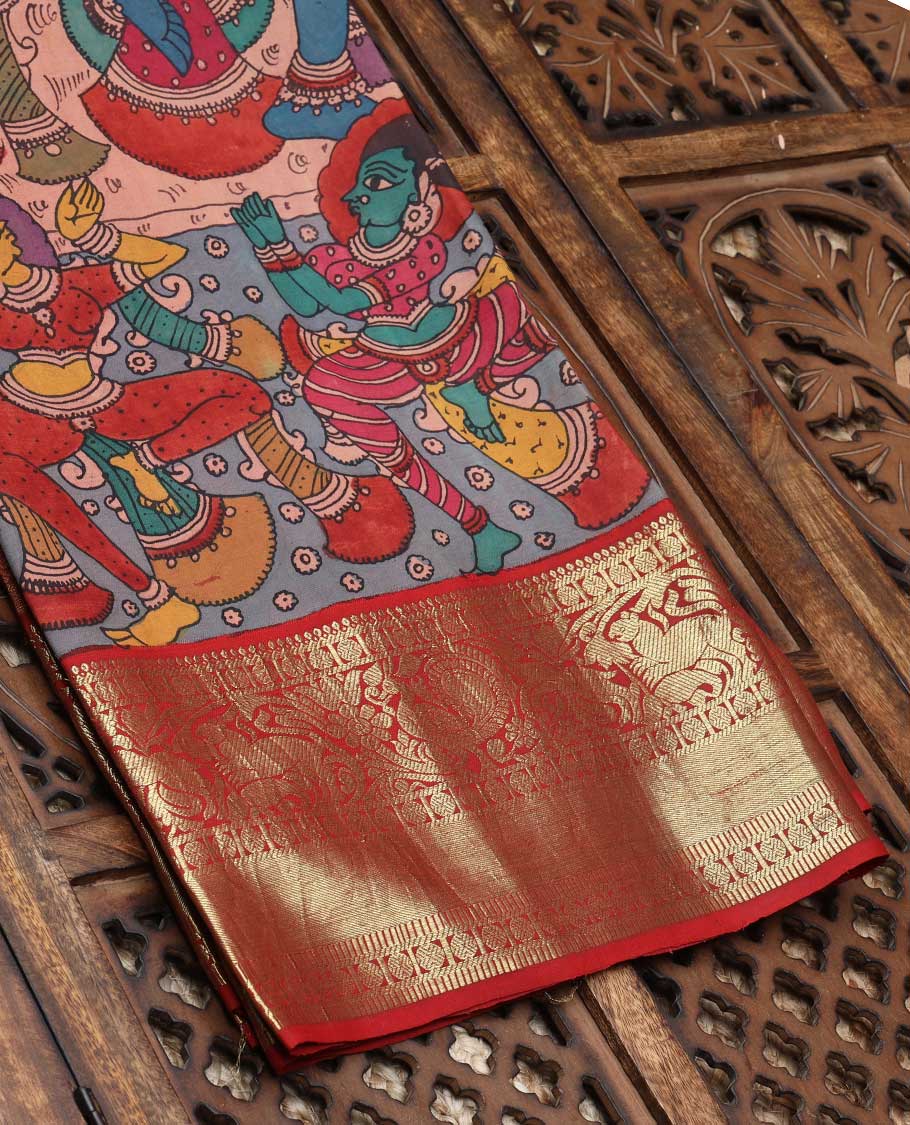 Multi-color handpainted pen kalamkari silksaree with human & animal figurines, contrast intricate pallu & kanchi border