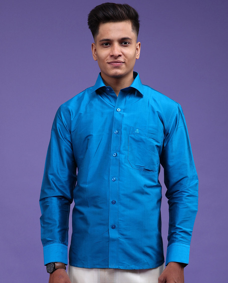 Light blue plain design full-sleeve pure-silk shirt