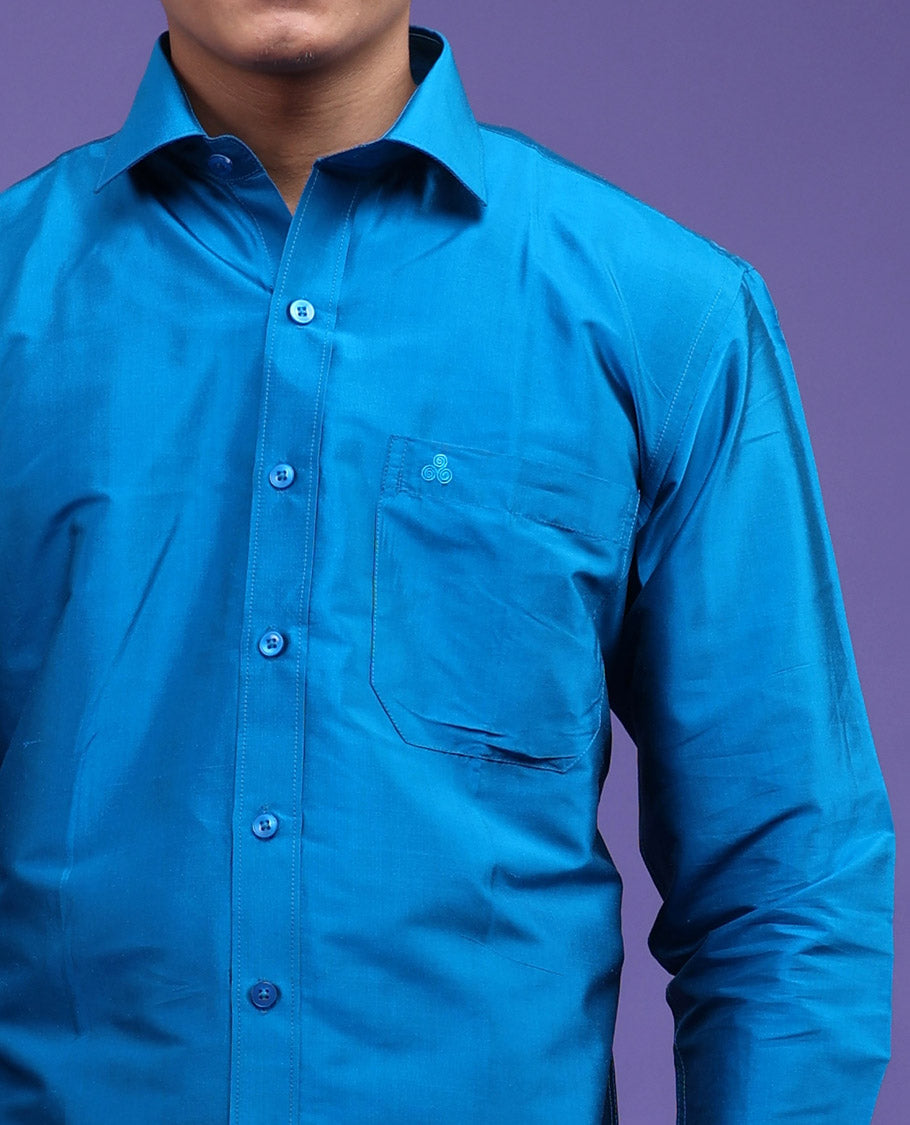 Light blue plain design full-sleeve pure-silk shirt