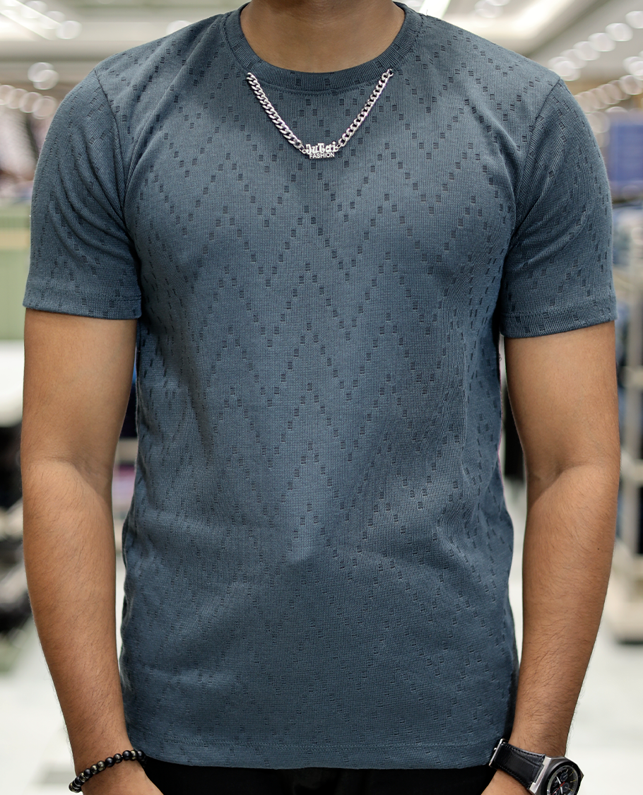 Dark Grey Chevron Cotton-Blended T-Shirt