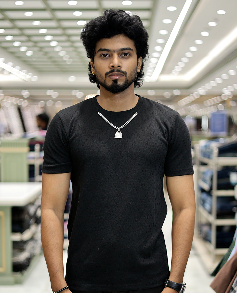 Black Chevron Cotton-Blended T-Shirt