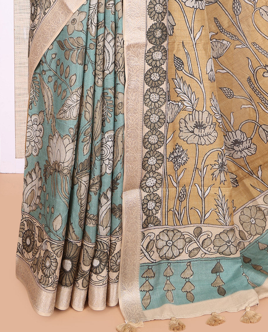 Blue Kalamkari Printed Fancy Tussar Saree