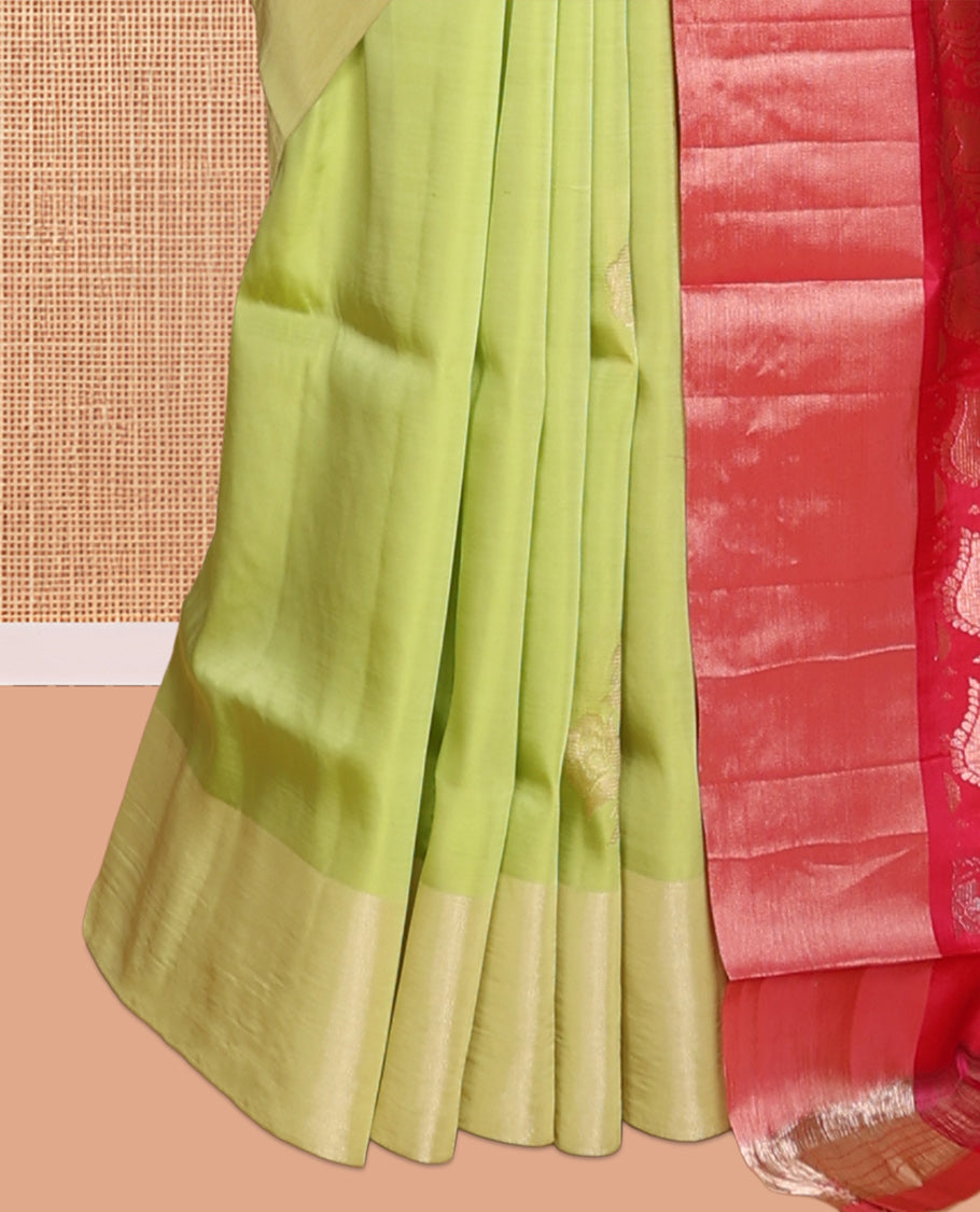 Green Semi Uppada Saree, Elevated with Zari Buttas, a Bavanji Border, Contrast Floral Pallu, and a Contrast Blouse