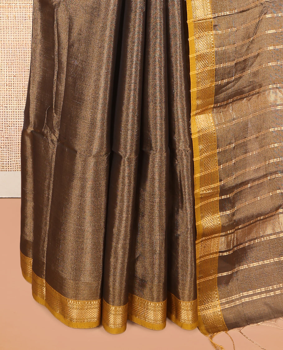 Brown Plain Maheshwari Cotton Saree, a Contrast Traditional Zari Border, Zari Striped Pallu, and a Matching Blouse