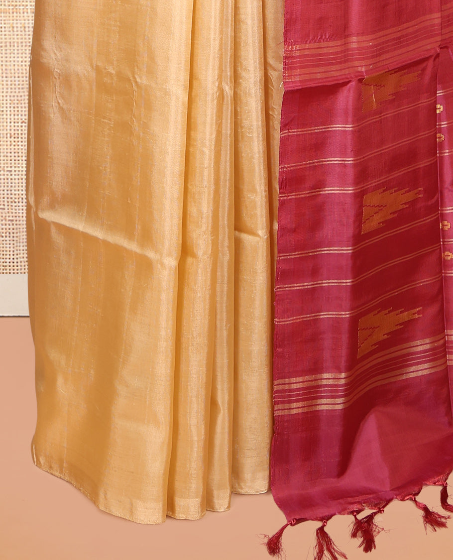 Borderless Sandal Temple Buttas Banana Pith Saree, a Contrast Pallu of Temple Buttas and Stripes, and a Contrast Blouse
