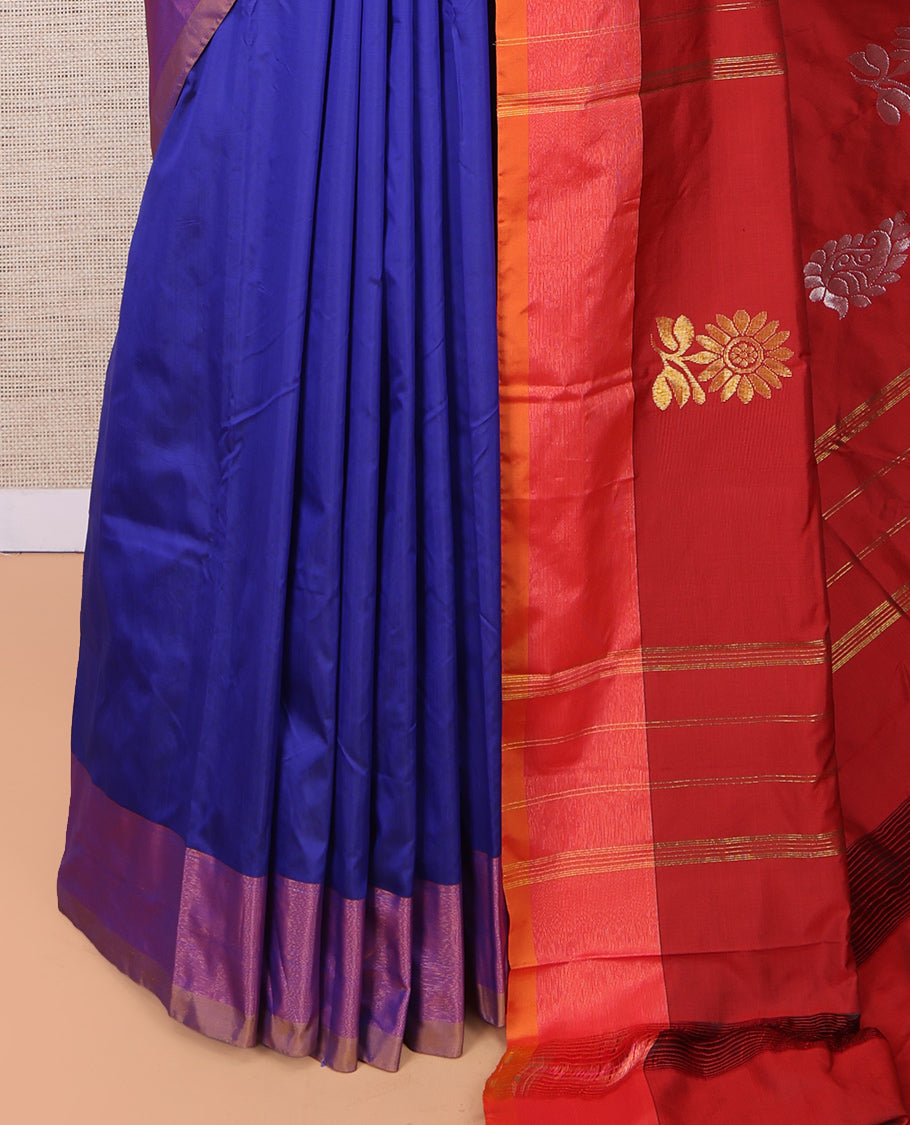 Blue Arani Saree, Adorned with Floral Zari Buttas, a Contrast Border, Contrast Floral Buttas Pallu, and a Contrast Blouse