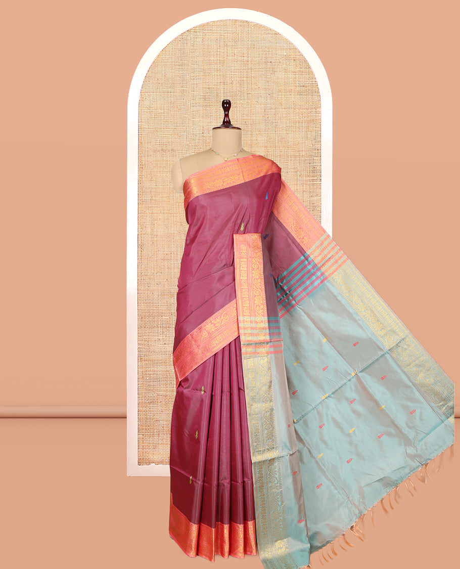 Maroon Banana Pith Saree, Mesmerized with Thread Buttas, a Contrast Traditional Zari Border, Pallu of Buttas, and a Contrast Blouse