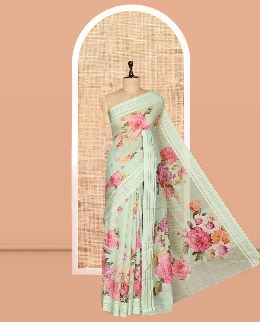 Sea Green Floral Print Kota Saree