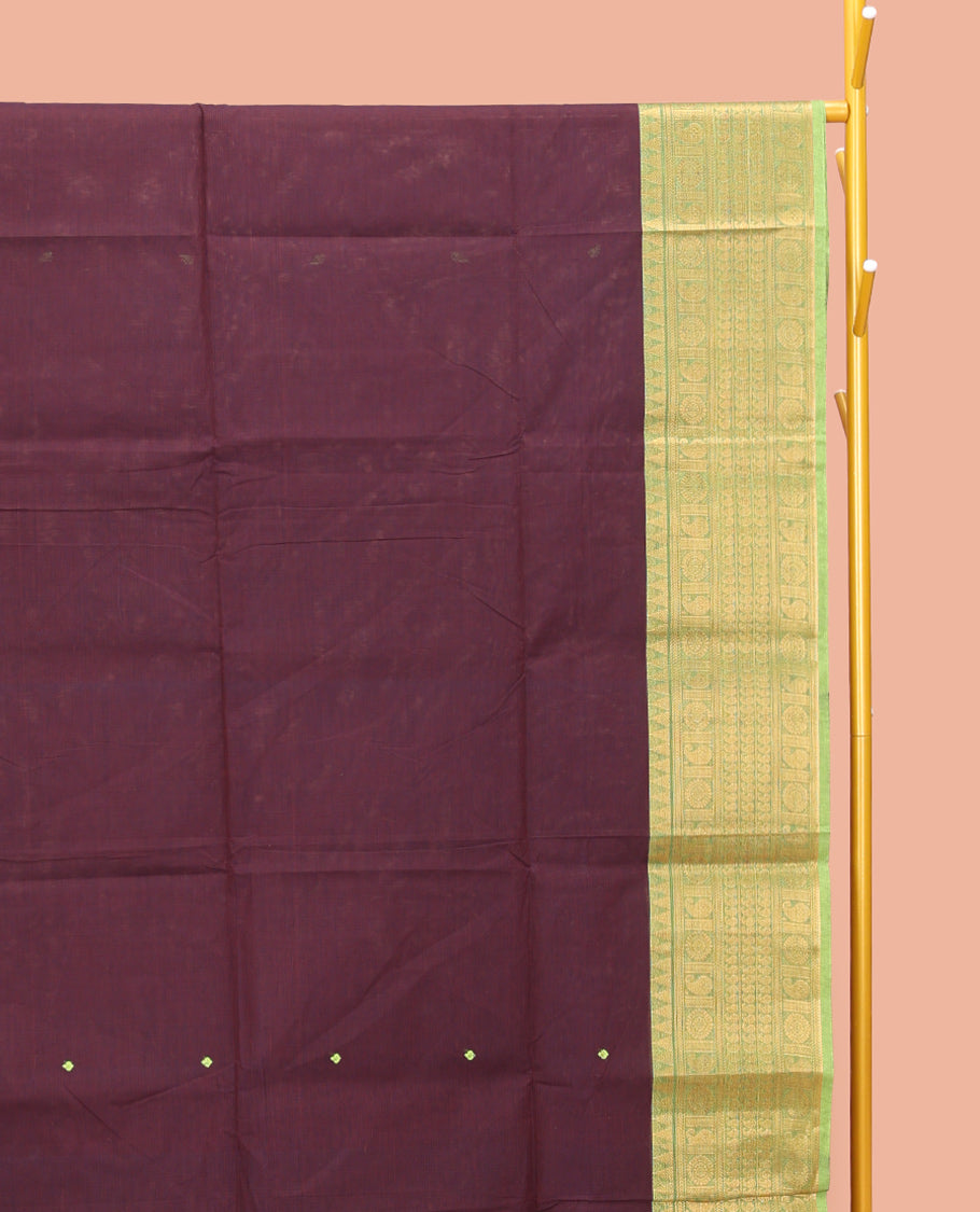 Brown Chettinad Cotton Saree, Accentuated with Thread Buttas All Over Its Body, Complemented by a Contrast Traditional Zari Design Woven Temple Border, Pallu of Stripes, and Paired with a Matching Blouse