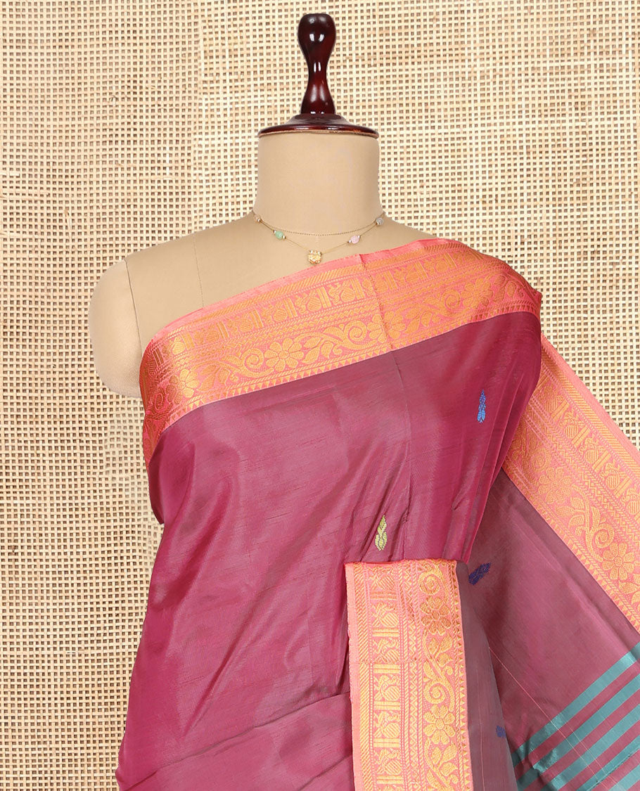 Maroon Banana Pith Saree, Mesmerized with Thread Buttas, a Contrast Traditional Zari Border, Pallu of Buttas, and a Contrast Blouse