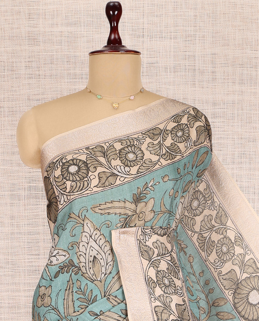 Blue Kalamkari Printed Fancy Tussar Saree
