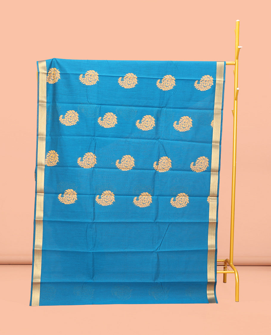 Light Blue Semi-Silk Cotton Saree, Mesmerized with Paisley Zari Buttas All Over Its Body, Highlighted by a Zari Border, Pallu of Floral and Paisley Design, and Paired with a Matching Blouse