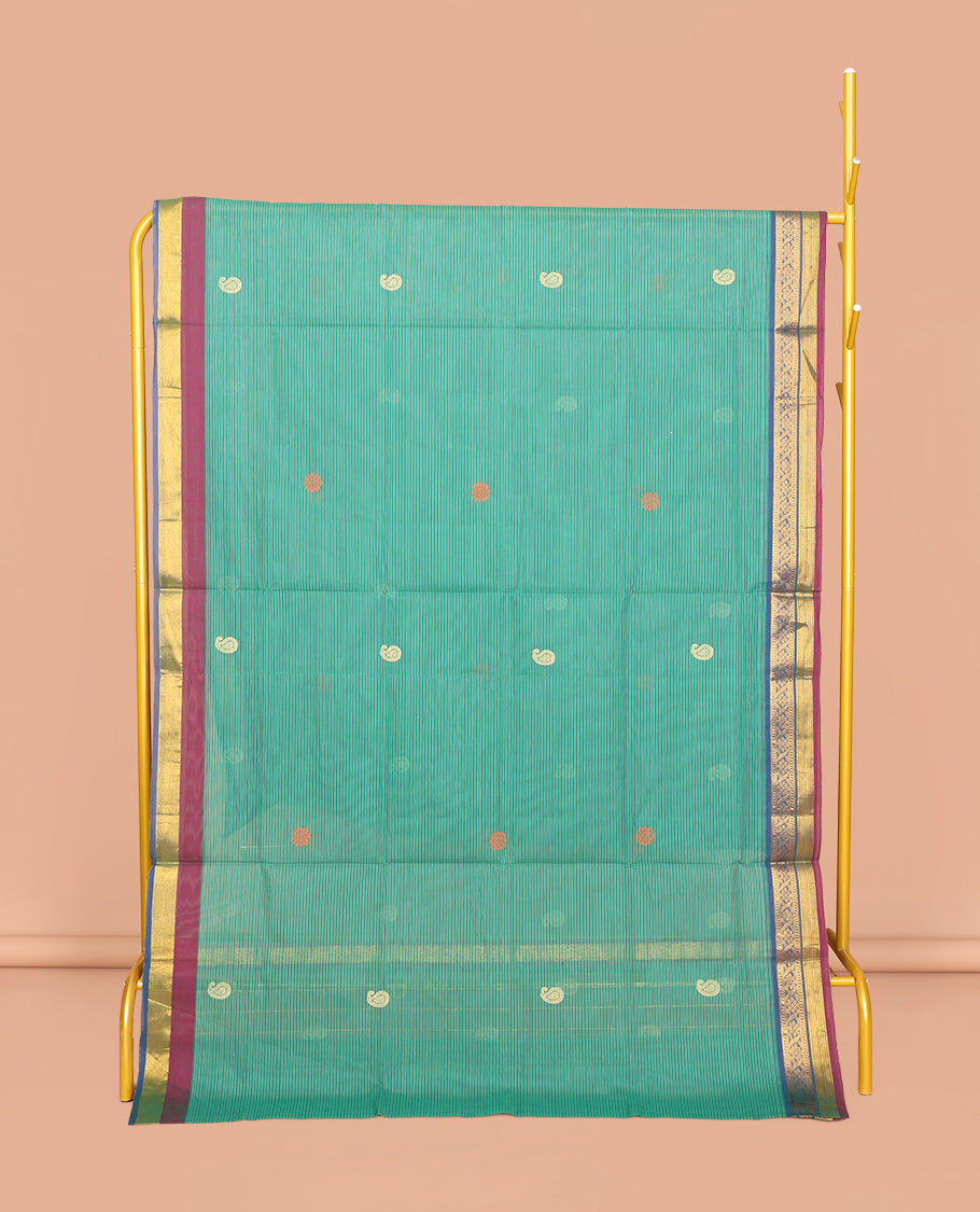 Green Venkatagiri Cotton Saree Sparsely Threaded with Paisley Buttas and Stripes, a Contrast Traditional Zari Border, Pallu of Buttas and Stripes, and No Blouse