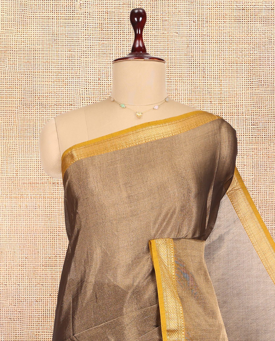 Brown Plain Maheshwari Cotton Saree, a Contrast Traditional Zari Border, Zari Striped Pallu, and a Matching Blouse