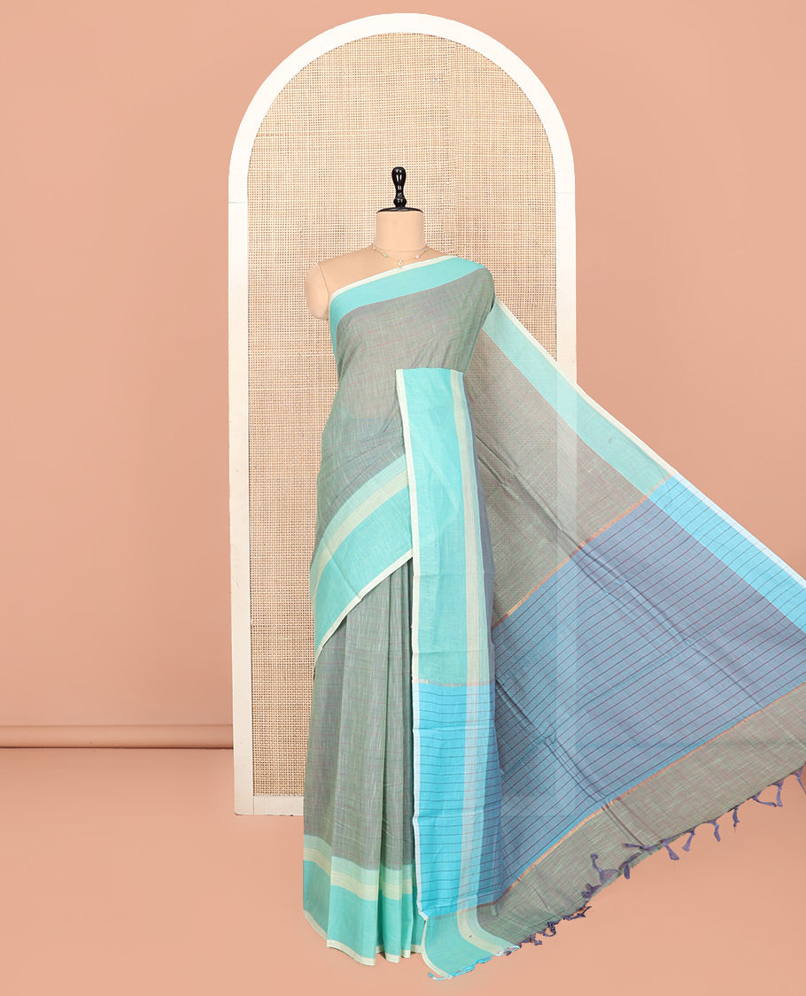 Grey Striped Andhra Cotton Saree, Complemented by a Contrast Border, Striped Pallu, and a Matching Blouse