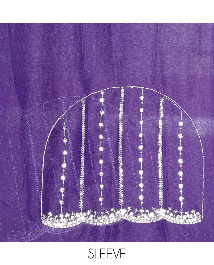 Violet Fendy Chiffon Saree Highlighted with Sequins and Thread Stripes Embroidery, Scallop Embroidered Border, Elegantly Embroidered Pallu, and Paired with a Matching Blouse