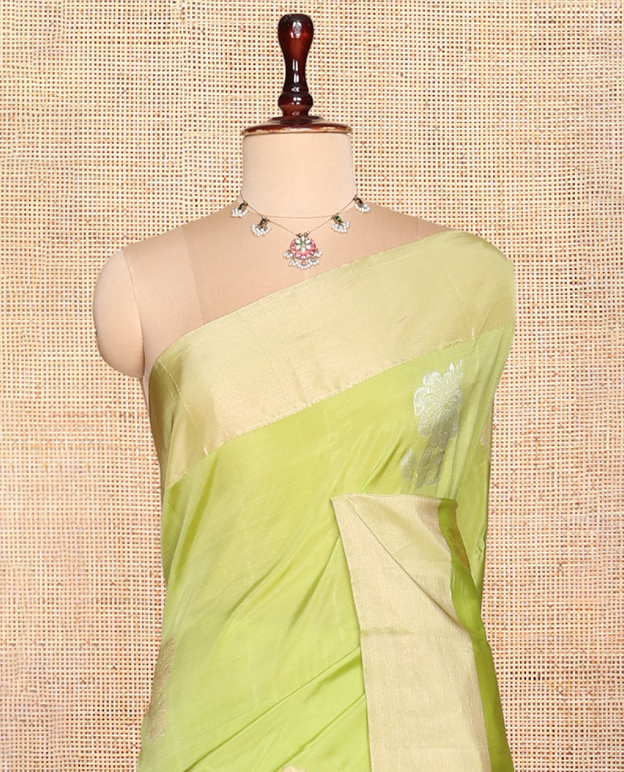 Green Semi Uppada Saree, Elevated with Zari Buttas, a Bavanji Border, Contrast Floral Pallu, and a Contrast Blouse