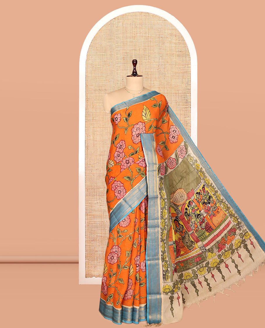 Orange Kalamkari Silk Saree, Styled with Floral Vine Print, a Contrast Traditional Zari Border, Human Motifs Pallu, and a Contrast Blouse