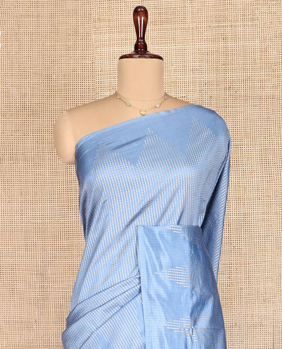 Blue Dupion Silk Saree, Woven with Micro-Checks, Highlighted by Temple Border, Complemented by a Contrast Geometric-Patterned Pallu, and a Contrast Blouse